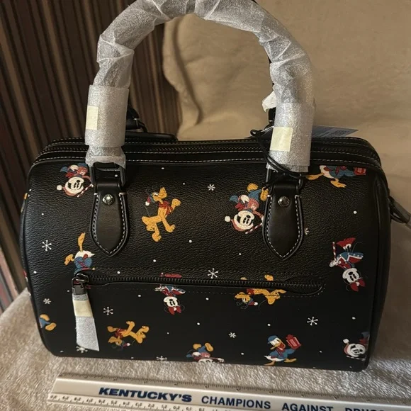 Coach Black Rowan Satchel disney holiday print